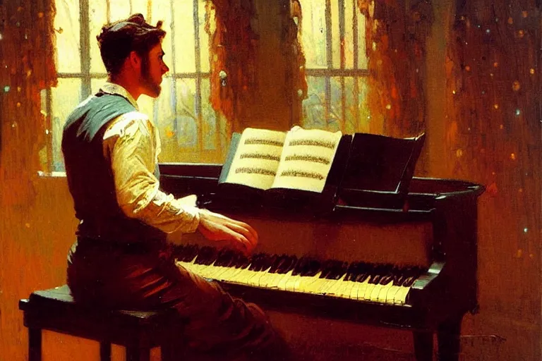 Image similar to attractive male playing piano, starry night, painting by gaston bussiere, craig mullins, j. c. leyendecker