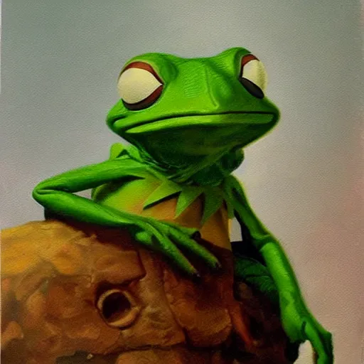 Prompt: ultra realistic portrait painting of kermit the frog, art by frank frazetta, 4 k, ultra realistic, highly detailed, epic lighting