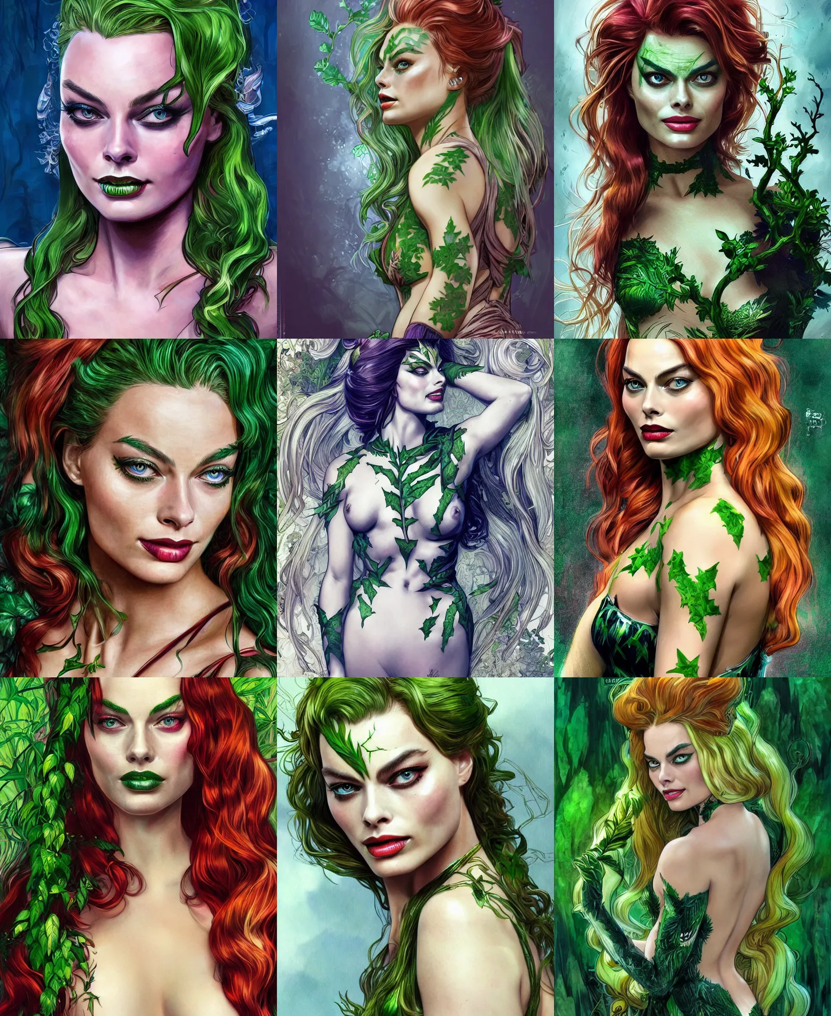 Prompt: Margot Robbie as Poison Ivy, cute, fantasy, intricate, elegant, highly detailed, digital painting, 4k, HDR, concept art, smooth, sharp focus, illustration, art by artgerm and H R Giger and alphonse mucha