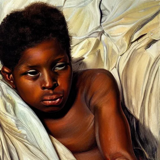 Image similar to high quality high detail painting by lucian freud, hd, portrait of a black girl, photorealistic lighting