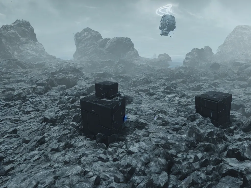 Image similar to Death Stranding black cube in air, rendered in Unreal