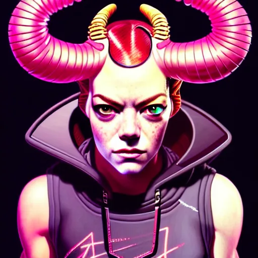 Prompt: portrait painting of a cyberpunk hacker muscular emma stone with two big horns on her head, sharp focus, award - winning, trending on artstation, masterpiece, highly detailed, intricate. art by josan gonzales and moebius and deathburger