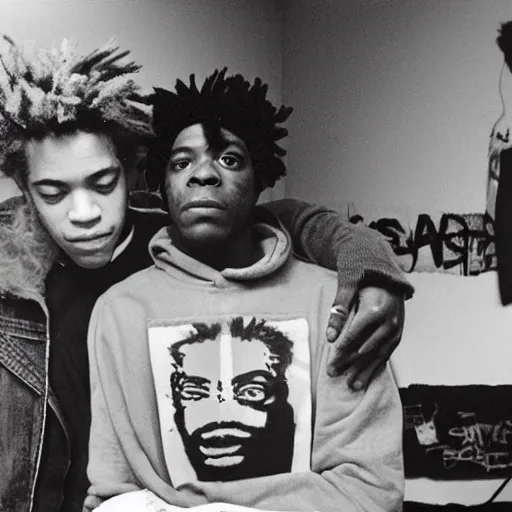 Image similar to photo of basquiat and kurt cobain in basquiat ’ s studio, photorealistic,