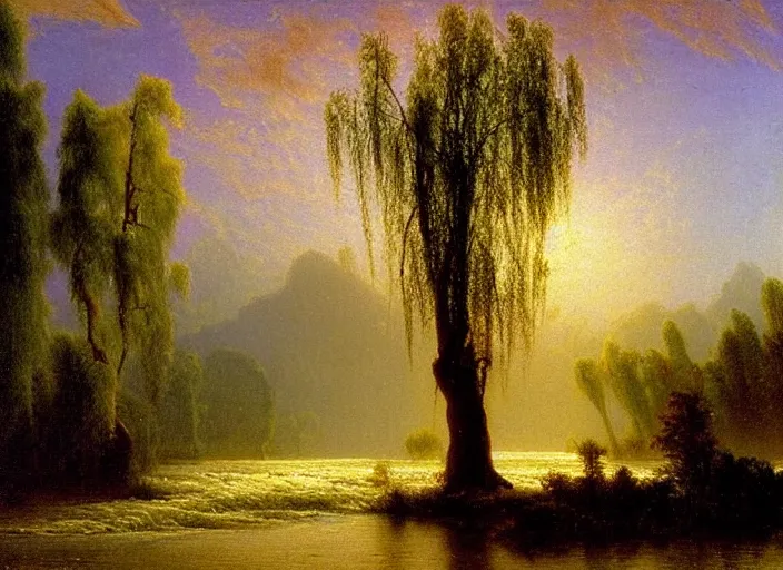 Image similar to oil painting of a willow tree next to a raging river by albert bierstadt, beautiful lighting