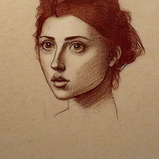 Image similar to a finished, detailed portrait drawing with reddish brown ink on parchment of a very young italian woman resembling scarlett johansson and ana de armas, by leonardo davinci in davinci's style from one of his notebooks