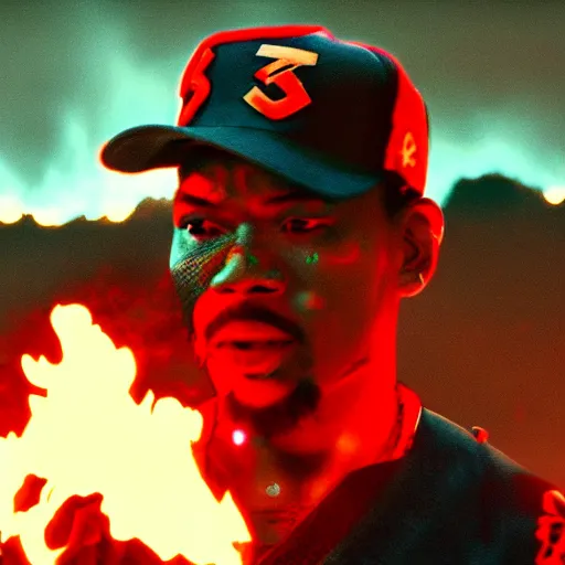 Image similar to cinematic film still of Chance The Rapper starring as a Samurai holding fire, Japanese CGI, VFX, 2022, 40mm lens, shallow depth of field, film photography