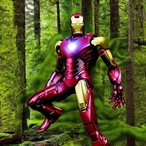Image similar to abandoned iron man suit overgrown by moss in the middle of a forest, 4k realistic photo