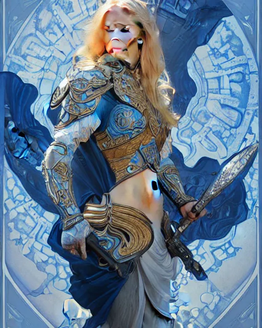 Image similar to movie poster of young blonde girl in blue and white armor, high fantasy, intricate detail, digital painting, artstation, concept art, smooth, sharp focus, illustration, art by Fernanda Suarez and Artem Demura and alphonse mucha