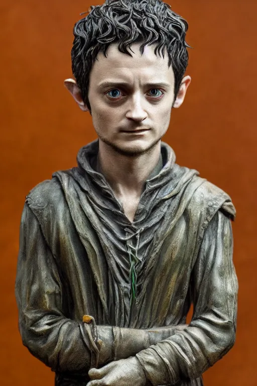 Image similar to tribute sculpture of elijah wood as frodo, oil on canvas, intricate, 8 k highly professionally detailed, hdr, cgsociety