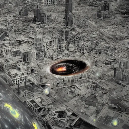 Prompt: movie still of a black hole destroying the city 4 k, part of buildings flying into the black hole, post apocalypse, epic art