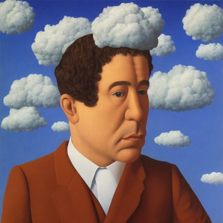 Image similar to portrait of a cloud man, by rene magritte, detailed painting, hd, hq, high resolution, high detail, 4 k, 8 k