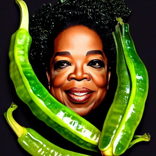 Image similar to a dish of oprah winfreys face fused with okra veg with green stalky ( ( green oprah winfrey's face ) ), oprah okra winfrey sentient veg, by greg rutkowski