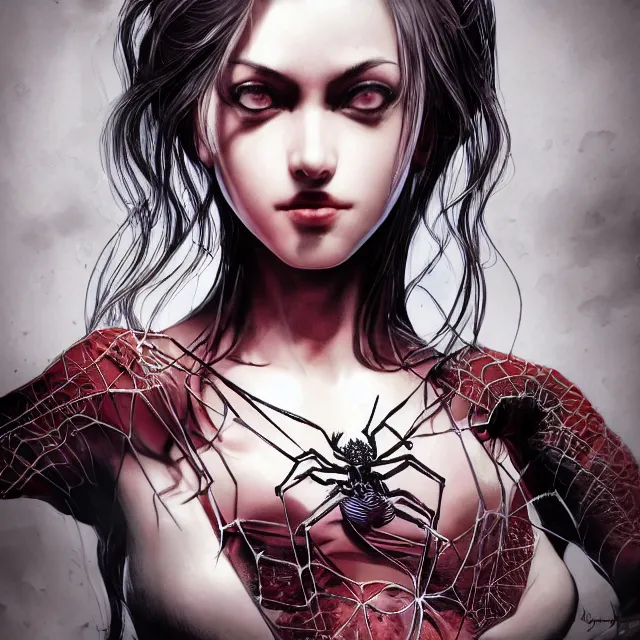 Image similar to the portrait of spiderwoman dark knight vagabond as absurdly beautiful, gorgeous, sophisticated, young gravure idol, an ultrafine hyperdetailed illustration by kim jung gi, irakli nadar, intricate linework, bright colors, octopath traveler, final fantasy, unreal engine 5 highly rendered, global illumination, radiant light, detailed and intricate environment