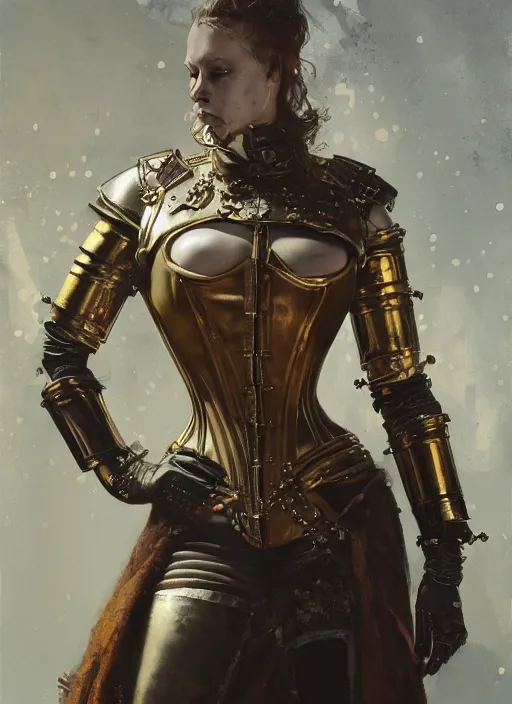 Prompt: portrait of medieval swedish woman wearing gilded power armor with steel overbust corset. intricate painting by ross tran, magali villeneuve, and jeremy mann.