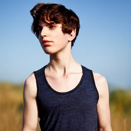 Image similar to Portrait of a 21 yo boy with natural brown hair, smooth pale skin. Net fischer net tank top. Detailed face. Full body shot. Photo. Blue sky.