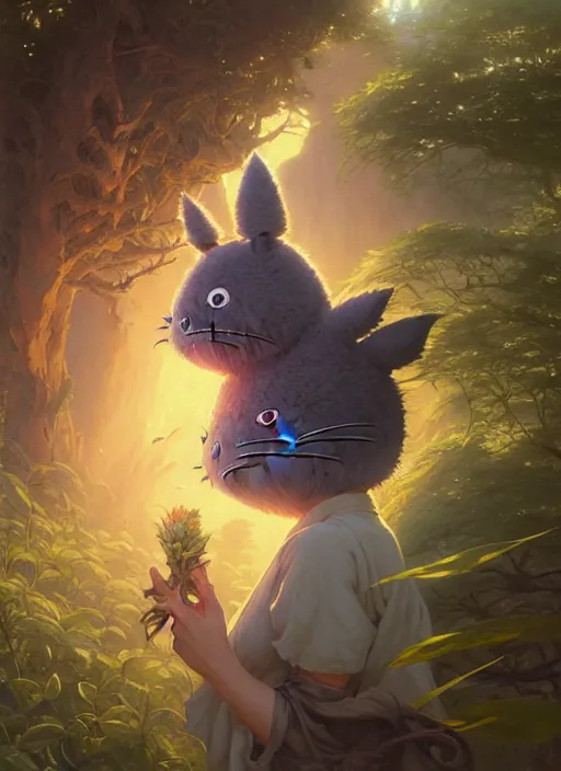 Image similar to Highly detailed portrait of Totoro, Stephen Bliss, unreal engine, fantasy art by Greg Rutkowski, Loish, Rhads, ferdinand knab, Makoto Shinkai and Lois van baarle, ilya kuvshinov, rossdraws, Tom Bagshaw, alphonse mucha, global illumination, radiant light, detailed and intricate environment