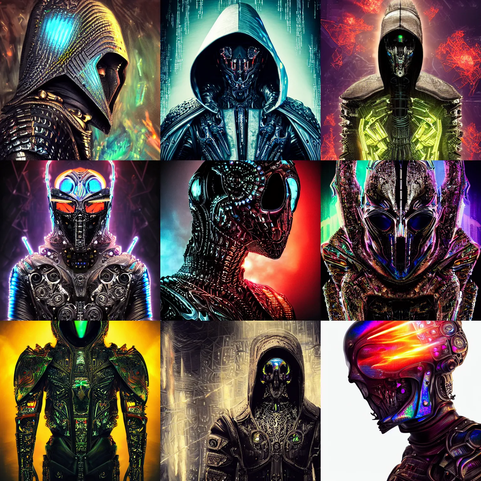 Prompt: Ultra realist and ultra intricate dark detailed painting of an powerful hooded iridescent assassin king wearing gothic body armor, human face biomechanical complex body with iridescent processor microchips, 3D render, symmetry, rich style, glowing iridescent sparks and smoke behind, crystallic cyberpunk megastructure background, artstation, colorful, badass, dark ominous stealth, colorful lens flares, brandishing futuristic sword, unreal render, depth of field