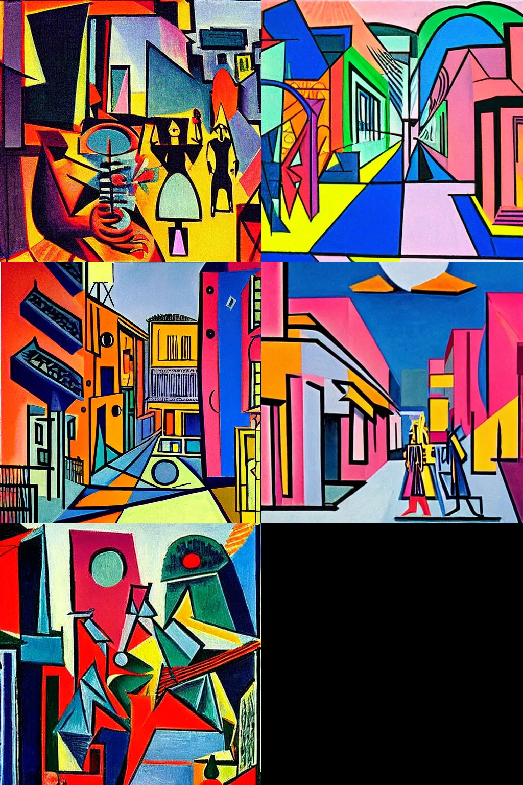 Prompt: A synthwave street scene painted by Pablo Picasso