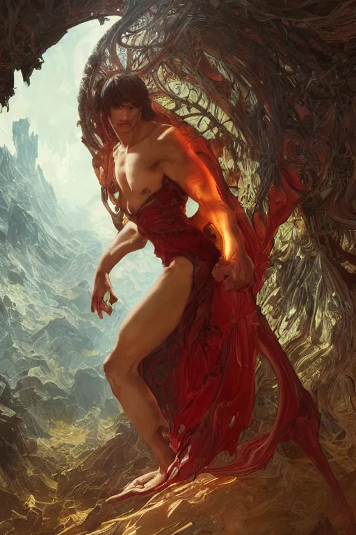 Image similar to portrait of dante in hell, forest, godlike, full body, fantasy, intricate, elegant, highly detailed, digital painting, artstation, concept art, sharp focus, illustration, art by artgerm and greg rutkowski and alphonse mucha