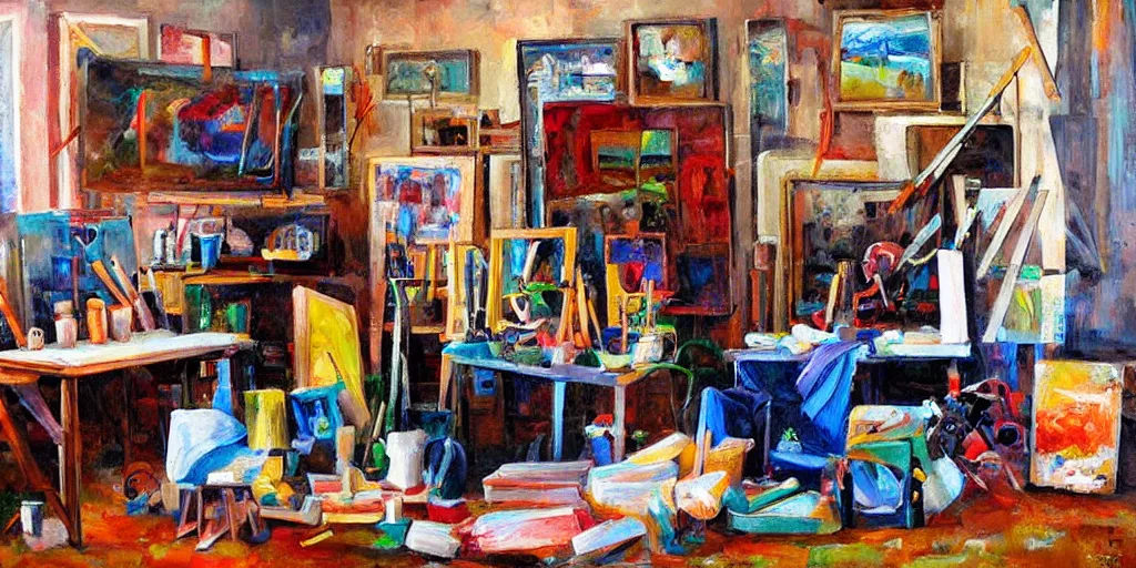 Prompt: artist painter workplace with tools and paints, art style by bryen frost