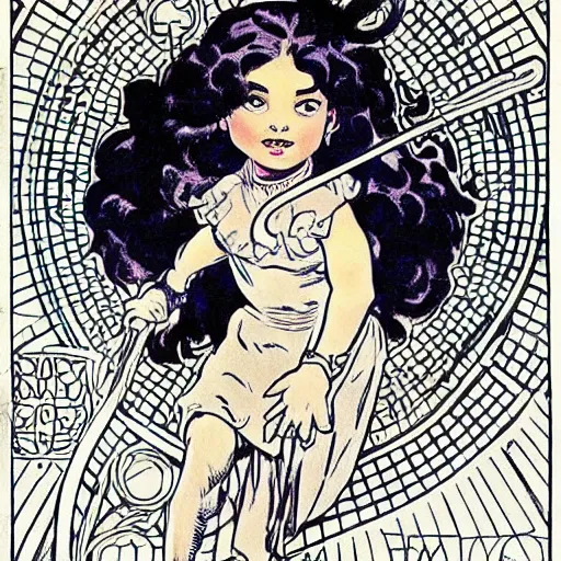 Image similar to a little girl with a mischievous face and short wavy curly brown hair. she is dressed as a knight. well composed, clean elegant painting, beautiful detailed face. comic book art by steve ditko and jack kirby and alphonse mucha