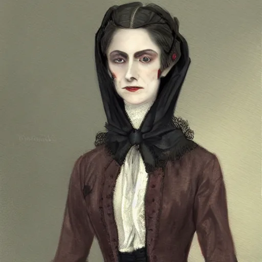 Image similar to head and shoulder professional portrait of a victorian female vampire, painted in the style of bloodborne, muted colors, vampire fashion, highly detailed, melancholy, vampire teeth