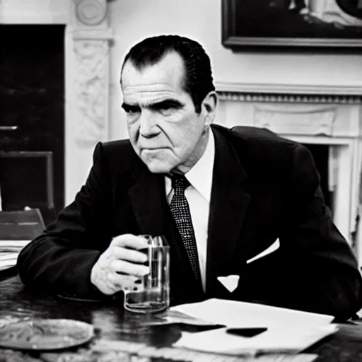 Image similar to Richard Nixon drinking whiskey in the oval office