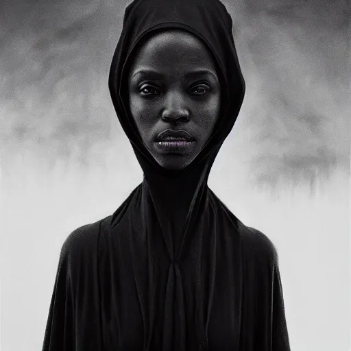 Image similar to a portrait of a young black woman wearing a long dark cloak, hood and shadows covering face, anatomically correct, beautiful perfect face, enigmatic, oil painting, matte painting, black background, Volumetric dynamic lighting, Highly Detailed, Cinematic Lighting, Unreal Engine, 8k, HD, by Beksinski