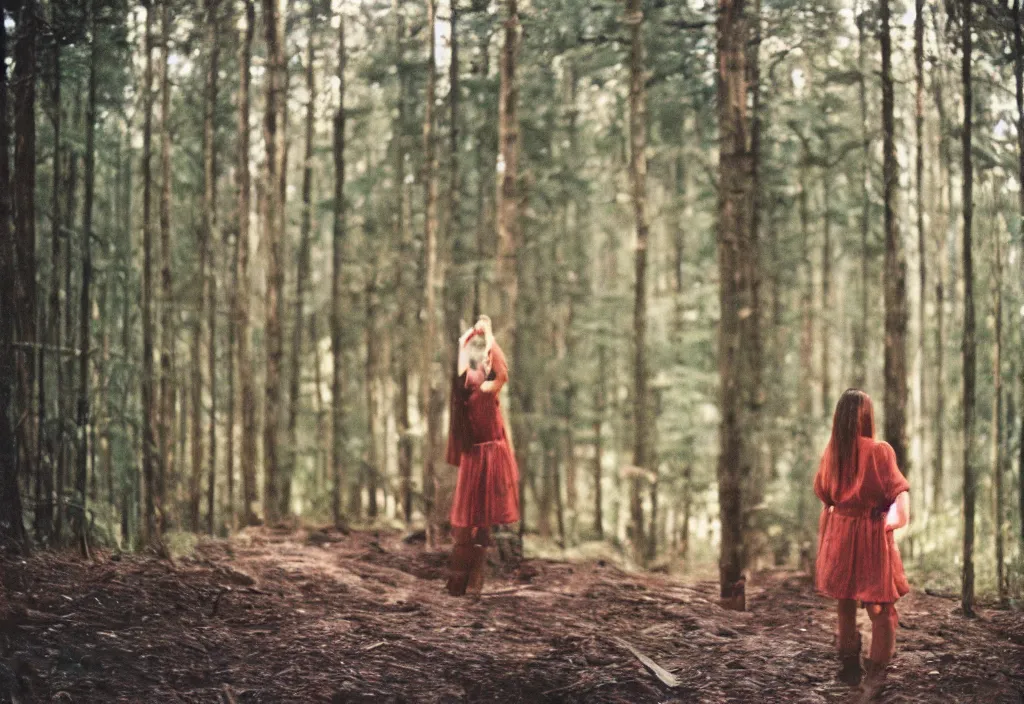 Image similar to lomo photo of a brunette girl standing i front of a modern forest cabin, cinestill, bokeh, out of focus