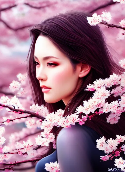 Image similar to photo of a gorgeous female in the style of stefan kostic, realistic, half body shot, sharp focus, 8 k high definition, insanely detailed, intricate, elegant, art by stanley lau and artgerm, extreme blur cherry blossoms background