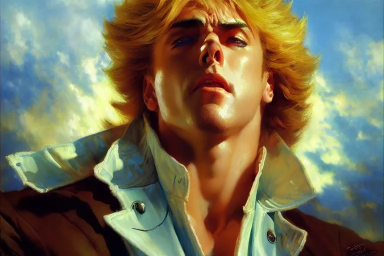 Prompt: portrait dio brando jojo bizarre adventure, vibrant colors and hard shadows and strong rim light, light blue clear sky, cool white color temperature, painting by gaston bussiere, craig mullins, j. c. leyendecker