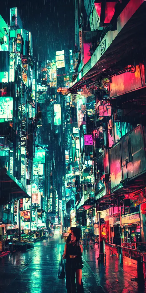 Image similar to cyberpunk city at night, night clubs and neons, rain, camera above roofs, girl under lantern