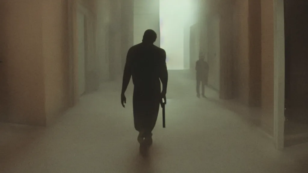 Image similar to photo from distance of a black man with long curly hair, carrying a electric guitar, walking out of from the past door, film still from the movie directed by Denis Villeneuve with art direction by Zdzisław Beksiński, wide lens