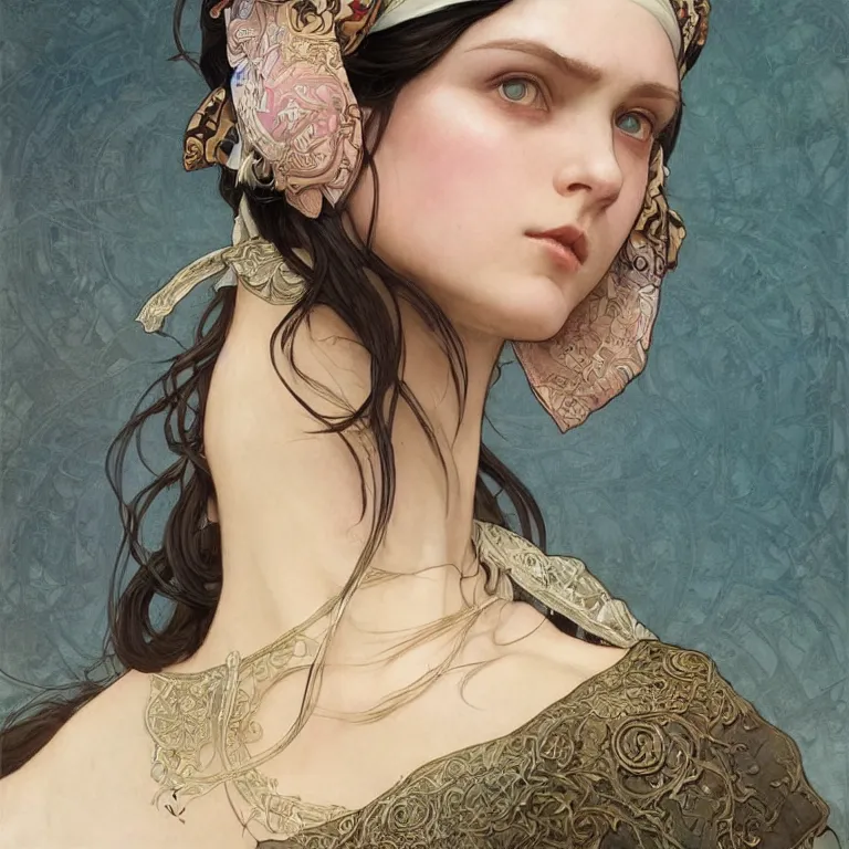Image similar to Portrait of female cleric with kerchief covering her ears. Blue eyes, black hair, porcelain skin, full lips, high slanted cheekbones. Magical glow. Fantasy art by artgerm and greg rutkowski and alphonse mucha, intricate, elegant, highly detailed, dramatic lighting, digital painting, concept art, illustration, award winning on artstation, D&D, AD&D.