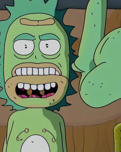 Image similar to film still close - up shot of pickle rick in the tv show rick & morty. photographic, photography