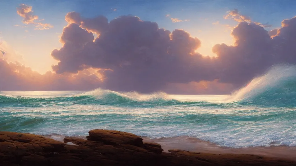 Prompt: first person view of breaking waves on the shore, summer, clear beautiful sky, sea breeze rises in the air, by andreas rocha and john howe, and Martin Johnson Heade, featured on artstation, featured on behance, golden ratio, ultrawide angle, f32, well composed