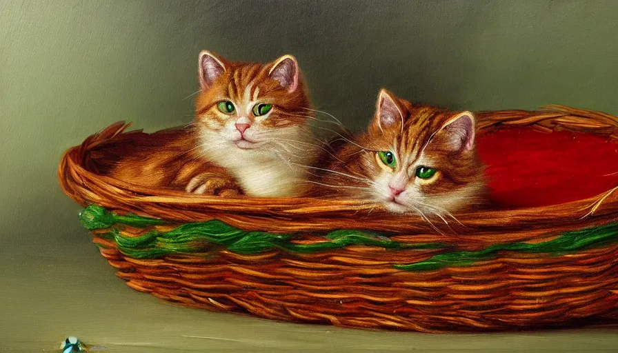 Prompt: highly detailed painting of green and red furry cats cuddling in a basket by william turner, thick brush strokes and visible paint layers, 4 k resolution