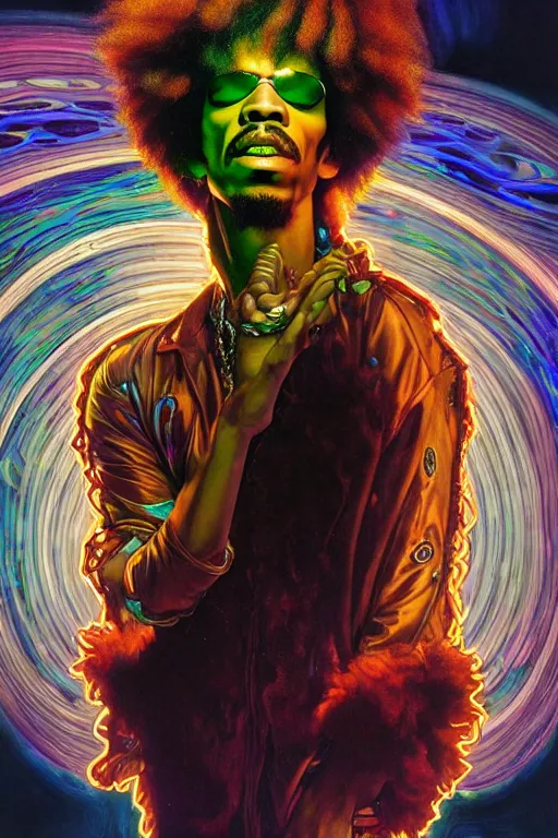 Image similar to A Weirdcore Mesmerizing 8k hyperrealistic portrait of cyberpunk Jimi Hendrix with electric neon hair strands, floating in spirals of iridescent mycelum, painted by Caravaggio, artgerm and raymond swanland and alphonse mucha