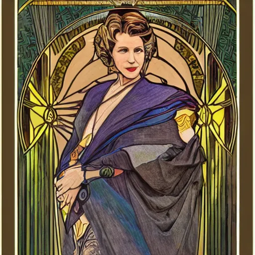 Prompt: a dramatic ethereal epic symmetrical painting of a handsome hilary clinton | tarot card, art deco, art nouveau, steampunk, realistic | by louis comfort tiffany and alphonse mucha | trending on artstation