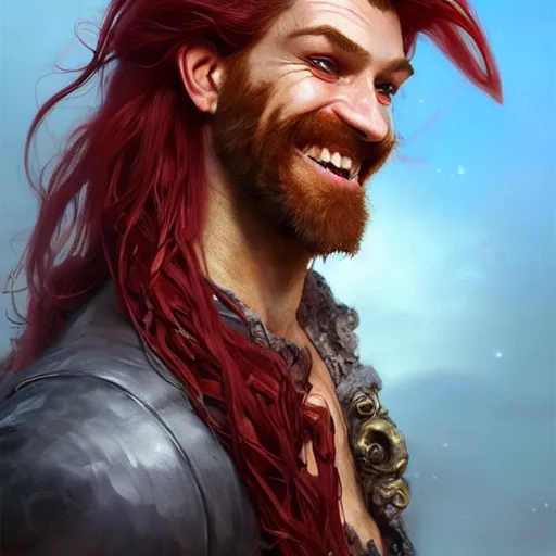 Prompt: portrait of a young ruggedly handsome but joyful pirate, male, masculine, upper body, red crimson hair, long flowing hair, fantasy, wide grin, intricate, elegant, highly detailed, digital painting, artstation, concept art, matte, sharp focus, illustration, art by artgerm and greg rutkowski and alphonse mucha