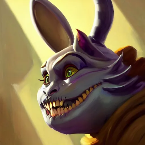 Image similar to greg manchess portrait painting of partially armored cheshire cat from alice in wonderland as overwatch character, medium shot, asymmetrical, profile picture, organic painting, sunny day, matte painting, bold shapes, hard edges, street art, trending on artstation, by huang guangjian, gil elvgren, ruan jia, randy vargas, greg rutkowski