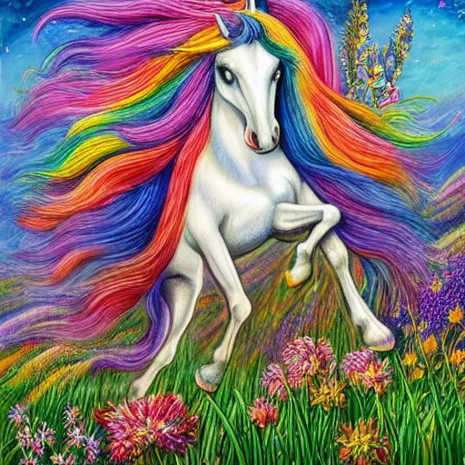 Image similar to beautiful unicorn with long flowing mane standing in field of flowers, detailed painting in the style of josephine wall 4 k