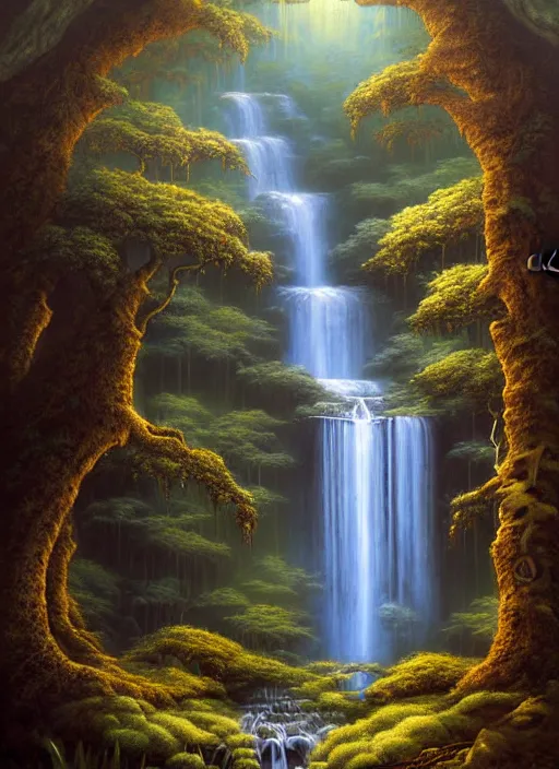 Image similar to a painting of a waterfall in a forest, a detailed matte painting by todd lockwood, deviantart, fantasy art, matte painting, matte drawing, airbrush art