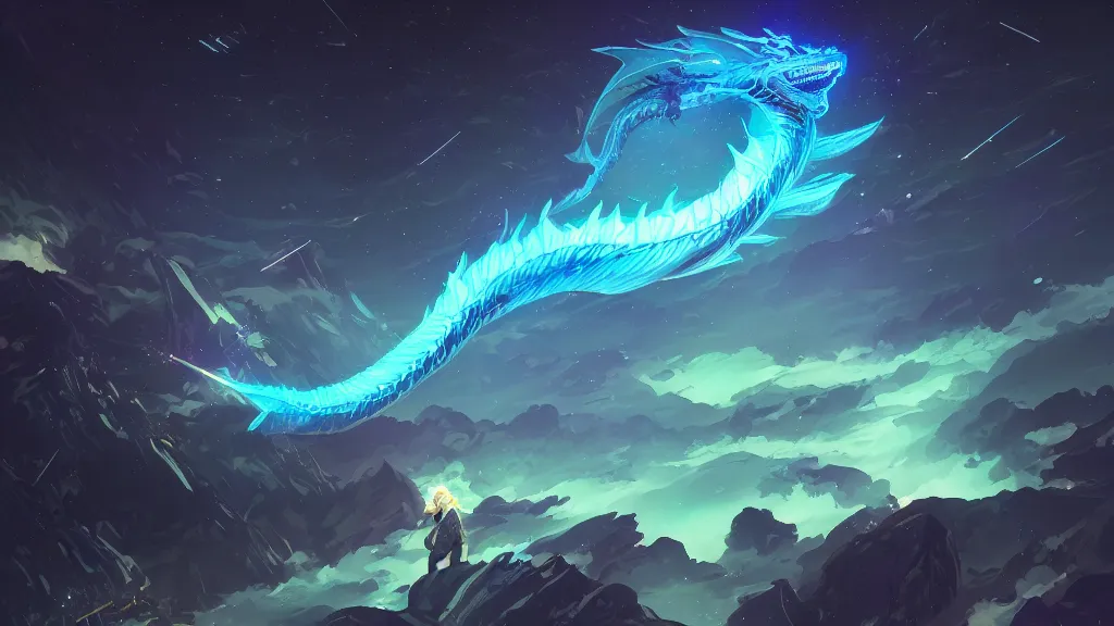 Image similar to a dragon worm flying through the night sky, glowing blue, surrounded by brilliant stars, by sylvain sarrailh, rossdraws, ambient light, ultra detailed, fantasy artwork, 8 k, volumetric lighting, trending on artstation, award winning, very beautiful.