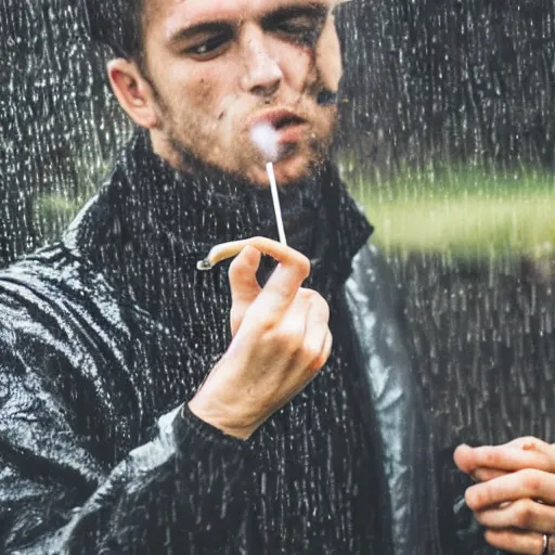 Image similar to photo of aspic meat jelle smoking cigarette under rain