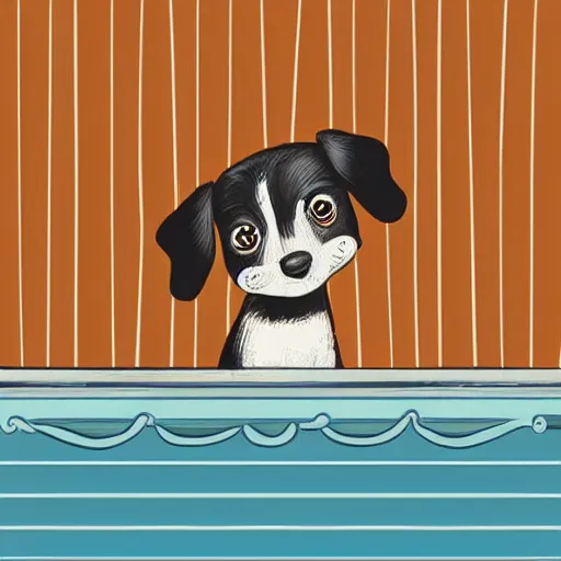 Prompt: masterpiece detailed closeup illustration of a cute dog sitting on the deck of a ship. the scene is oceanic and beautiful. the deck of the ship is wood. the illustration combines the style of michael foreman and jane clarke. the colors are soft and muted.