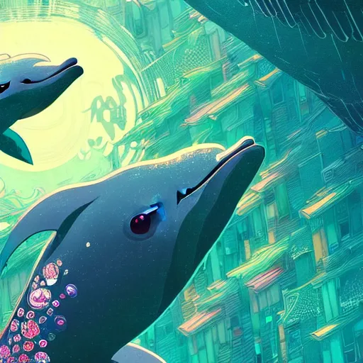 Image similar to a beautiful hyperdetailed character design 4 k wallpaper illustration of a cute dolphin, victo ngai cyberpunk style, from china, style of studio ghibli, makoto shinkai, raphael lacoste, louis comfort tiffany, artgerm, james jean, ross tran, chinese style