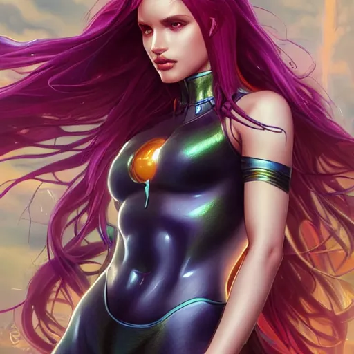 Image similar to ultra realistic illustration, bella thorne as starfire anime, intricate, elegant, highly detailed, digital painting, artstation, concept art, smooth, sharp focus, illustration, art by artgerm and greg rutkowski and alphonse mucha and wlop