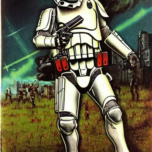 Prompt: zombie stormtrooper, 1 9 7 0 s scifi art