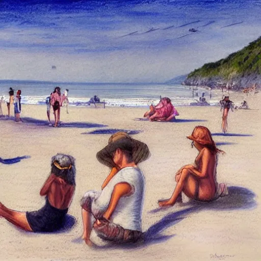 Image similar to A beautiful drawing of a group of people on a beach. The colors are muted and the overall tone is serene. The people are all engaged in different activities, from reading to playing games, and the artwork seems to be capturing a moment of peace and relaxation. by Robert Hagan, by Luis Royo